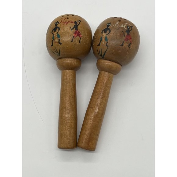 Vintage Wooden Salt and Pepper Shakers with Dancing Figures - Picture 2 of 4